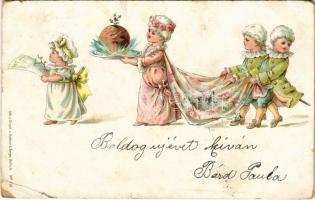 Boldog Újévet! / New Year greeting art postcard, Baroque children. Lith. u. Druck v. Kutzner & Berger No. 238. litho (Rb)