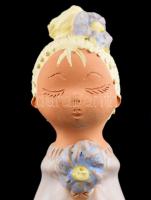 Kispál jelzéssel: Lány virággal, kézzel festett kerámia figura, kis hibákkal, m: 24 cm