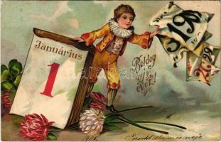1904 Januárius 1. Boldog Újévet! / New Year greeting art postcard. Emb. litho (szakadás / tear)