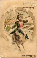 1902 Boldog Újévet! / New Year greeting art postcard, lady riding a pig. Art Nouveau, litho s: Hegedűs Geiger R. (Rb)