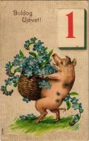 1909 Boldog Újévet! / New Year greeting card, pig with flower basket. Emb. litho (EK)