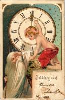 1902 Boldog Újévet! / New Year greeting art postcard. Art Nouveau, Emb. litho (EK)