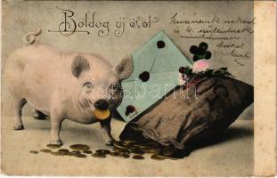 1905 Boldog Újévet! / New Year greeting card, pig with bag of money (fl)