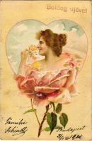 1901 Boldog Újévet! / New Year greeting art postcard, lady with rose. Art Nouveau, litho (EK)