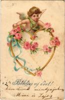1901 Boldog Újévet! / New Year greeting card, cupid, roses. litho (EB)