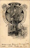 1902 Boldog Újévet! / New Year greeting art postcard, chimney sweeper with pig, clovers, ladder. B.K.W.I. No. 2507/3. Art Nouveau s: Scolik (EB)