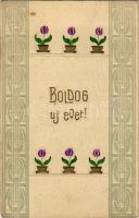 1906 Boldog Újévet! / New Year greeting card, flowers. Art Nouveau, Emb. litho (fl)