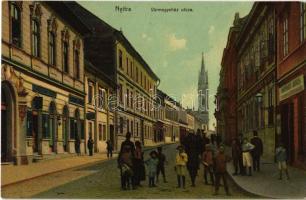 1910 Nyitra, Nitra; Vármegyeház utca, Weigl Antal, Meitner Miksa és Pécs Ede üzlete / street, shops