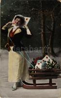 1909 Boldog Újévet! / New Year greeting card, lady with sled. Art Nouveau, Emb. litho (Rb)