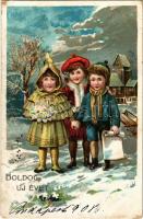 1908 Boldog Újévet! / New Year greeting card, children. litho (Rb)
