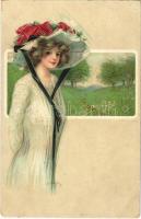 1915 Art Nouveau lady, litho