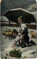 Boldog Újévet! / New Year greeting card, piggyback ride, pigs, clovers (EM)