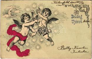 1901 Boldog Újévet! / New Year greeting art postcard, angels with clover, champagne. Art Nouveau, Emb. litho (EB)