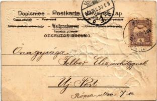 1901 Boldog Újévet! / New Year greeting art postcard, angels with clover, champagne. Art Nouveau, Em...