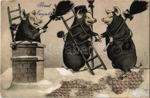 1907 Prosit Neujahr! / New Year greeting art postcard, chimney sweeper pigs with ladder (EB)
