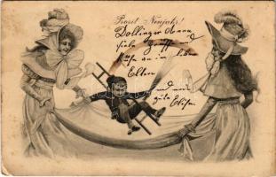 1903 Prosit Neujahr! / New Year greeting art postcard, chimney sweeper kid with ladies s: Opitz (Rb)