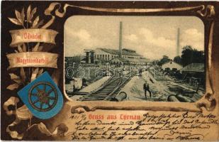 1901 Nagyszombat, Tyrnau, Trnava; cukorgyár, iparvasút. Szecessziós címeres litho / sugar factory, industrial railway. Art Nouveau, coat of arms, litho (EK)