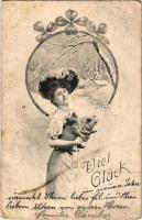 1905 Viel Glück / New Year greeting card, lady with pig and clover. Art Nouveau (Rb)