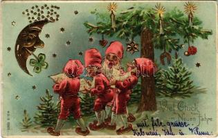 1907 Viel Glück im neuen Jahre! / New Year greeting art postcard, dwarves singing. Art Nouveau, Emb. golden, litho (apró lyuk / tiny pinhole)