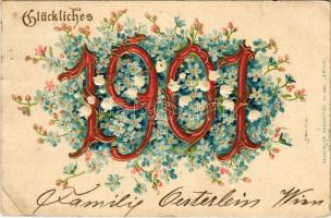 Glückliches 1901 / New Year greeting art postcard. ERIKA Nr. 585. Art Nouveau, floral, Emb. litho (Rb)