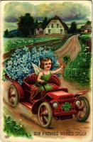 Ein Frohes Neues Jahr! / New Year greeting card, girl with clover, automobile, flowers. EAS litho (EB)