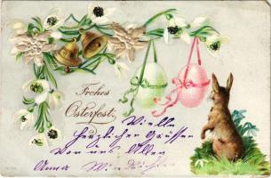 1900 Frohes Osterfest! / Easter greeting card with rabbit and eggs. Art Nouveau, Emb. litho (EM)
