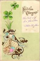 Herzlichen Ostergruss! / Easter greeting card with rabbit, eggs and clovers. Art Nouveau, Emb. litho (Rb)