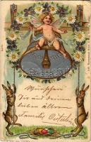 1903 Fröhliche Ostern! / Easter greeting card with rabbits, angel, bells. Lith. Kunstanstalt Heinr. & Aug. Brüning Art Nouveau, floral, Emb. litho (EB)