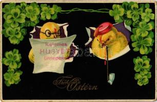 1911 Fröhliche Ostern! / Kellemes Húsvéti Ünnepeket! / Easter greeting card with chickens, clovers. litho (EB)