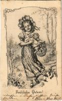 1902 Fröhliche Ostern! / Easter greeting card, lady with rabbit and eggs. B.K.W.I. 4001/3. (vágott / cut)