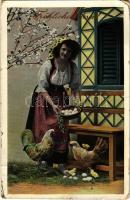Fröhliche Ostern! / Easter greeting card, lady with chicken (EB)