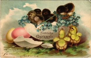 1903 Fröhliche Ostern! / Easter greeting card, chicken and eggs. litho (EB)