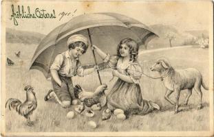1911 Fröhliche Ostern! / Easter greeting card, children with animals, chicken and eggs. V.K. Vienne 3108. (fl)