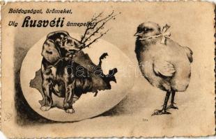 1909 Boldogságot, örömeket, víg húsvéti ünnepeket! / Easter greeting card, Dachshund dog with chicken (EM)