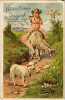 1902 Boldog Húsvéti Ünnepeket! / Easter greeting card, child with sheep. litho (Rb)