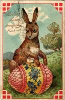 Boldog Húsvéti Ünnepeket! / Easter greeting card, rabbit with egg. Emb. litho (EB)
