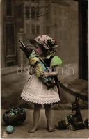 1911 Boldog Húsvéti Ünnepeket! / Easter greeting card, girl with toy rabbits (EK)