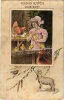 1912 Boldog Húsvéti Ünnepeket! / Easter greeting card, girl with chicken, sheep. H.H.i.W. Nr. 419. (fl)