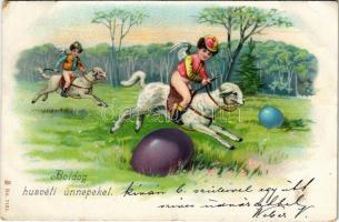 Boldog Húsvéti Ünnepeket! / Easter greeting card, boy riding a sheep. litho (EK)