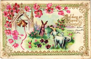 1903 Boldog Húsvéti Ünnepeket! / Easter greeting card, rabbit with sheep. Art Nouveau, floral, Emb. litho (EK)