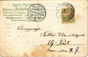 1903 Boldog Húsvéti Ünnepeket! / Easter greeting card, rabbit with sheep. Art Nouveau, floral, Emb. ...