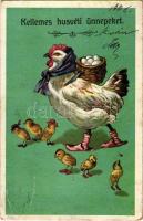 1908 Kellemes Húsvéti Ünnepeket! / Easter greeting card, chicken and eggs. litho (fl)