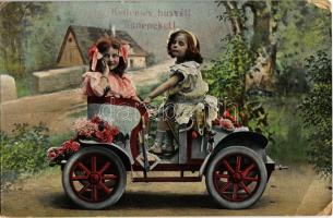 Kellemes Húsvéti Ünnepeket! / Easter greeting card, girls with automobile (fa)