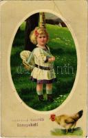 1912 Kellemes Húsvéti Ünnepeket! / Easter greeting card, girl with chicken (EB)