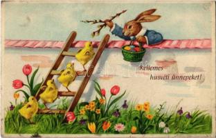 Kellemes Húsvéti Ünnepeket! / Easter greeting card, chicken with rabbit and eggs (EK)