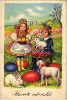 Húsvéti üdvözlet / Easter greeting card, rabbits, chicken and sheep (EB)