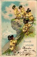 1908 Húsvéti üdvözlet / Easter greeting card, Tyrolean chicken. M.S.i.B. litho (Rb)