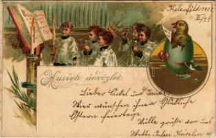 1902 Húsvéti üdvözlet / Easter greeting card, choir. Art Nouveau, litho (EK)
