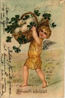 1907 Húsvéti üdvözlet / Easter greeting card, angel with eggs and clovers. Emb. litho (szakadás / tear)