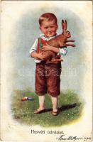 1904 Húsvéti üdvözlet / Easter greeting card, boy with rabbit. B.K.W.I. 5000-10. (Rb)